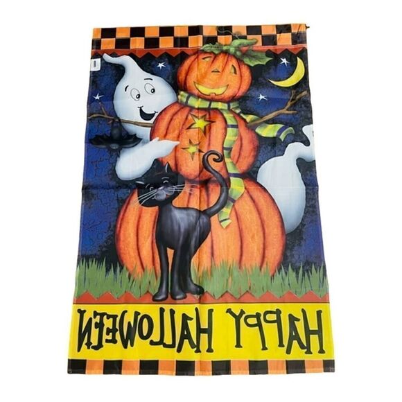 Vintage Happy Halloween Ghost Black Cat Pumpkin Flag 25" x 38" - Picture 2 of 2